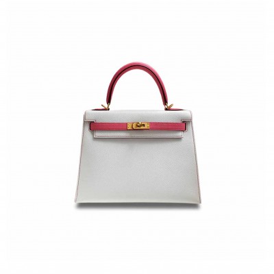HERMÈS KELLY 25 EPSOM WHITE LIPSTICK PINK BRUSHED GOLD BUCKLE (25*17*7cm) 